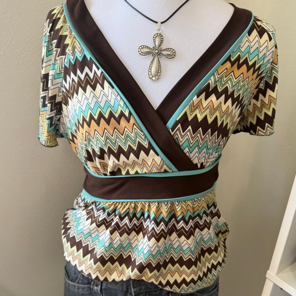 VTG Y2K I.N. Studio Chevron baby doll  Blouse Top Medium Made in USA